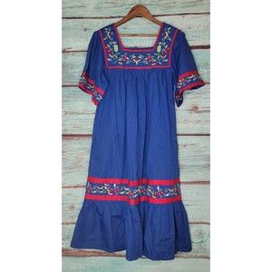 Vintage Go Softly Blue Embroidered Watermelon Cotton House Dress Muumuu Small